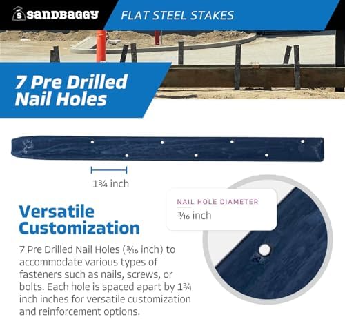 Sandbaggy 18" Flat Steel Stakes for Concrete Forms with Nail Holes - 1.5" Wide - Painted - Removable, Reusable, V Point End - Construction Grade Stakes (20, 18 inch)