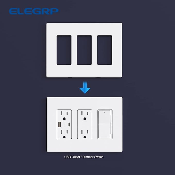 ELEGRP 3-Gang Screwless Decorative Wall Plates, Mid-Size Unbreakable Thermoplastic Faceplate Cover for Decorator Receptacle Outlet Switch, UL Listed (20 Pack, Matte White)