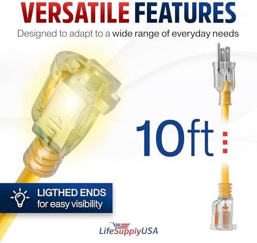 10ft Outdoor/Indoor Extension Cord 12/3 Gauge Extra Heavy Duty 3 Prong SJTW, Waterproof, Flexible Cold-Resistant Long Power Cord,15A 125V 1875W, Yellow by LifeSupplyUSA