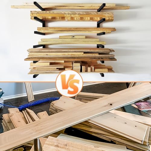 Lumber Rack Wood Storage Racks with 3 Level, Garage Wood Organizer Lumber Storage Rack, Workshop Organizers and Storage Wood Wall Shelving Wall Mounted, Lumber Metal Racks for Indoor (Black-6 Pack)