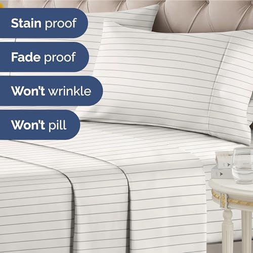 King 4 Piece Striped Sheet Set - Soft, Breathable & Cooling - Cream Stripe