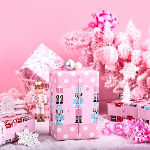 WRAPAHOLIC 30 Inch Jumbo Reversible Nutcracker Christmas Wrapping Paper - 30 Inch x 100 Feet Jumbo Roll Pink Nutcracker Wrapping Paper and Polke Dot Design for Christmas, Holiday, Party Celebration