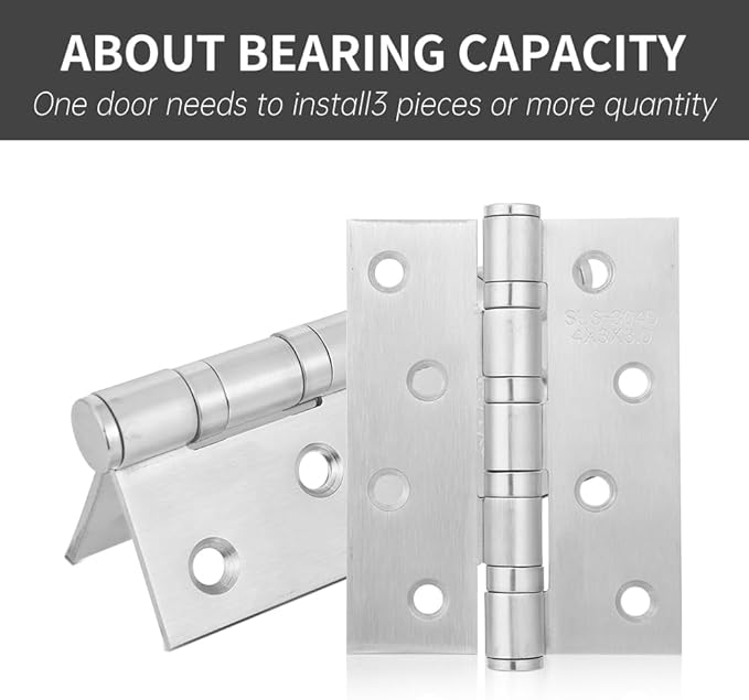 6 Pack Square Interior Door Hinges 4X3 inches Stainless Steel Door Hinge, Silver Butt Hinge Ball Bearing Hinges Window Hinges Outdoor Hinge with Screws