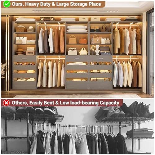 Aheaplus Closet System, 138.5" Closet Organizer with 12 Drawers & 4 Rods