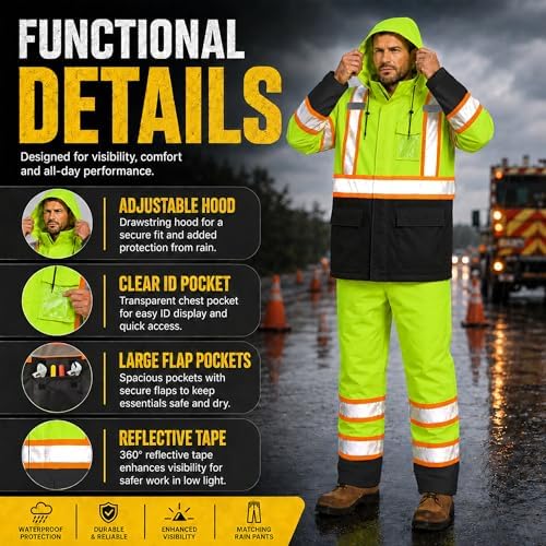 Rain Suits for Men Waterproof Reflective High Visibility Rain Gear Mens Heavy Duty, Hi Vis Rain Jacket & Pants with Black Bottom Class 3 ANSI/ISEA Compliant, Yellow Black 4XL/5XL