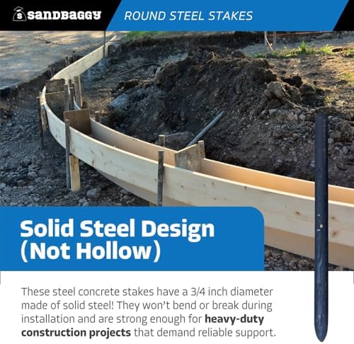 Sandbaggy 12 Inch Round Steel Concrete Form Stakes with Nail Holes, Heavy Duty Rust Resistant Form Pins for Concrete Forms, Slabs, Driveways, Sidewalks, Curbs & Footings, 40 Pack, 3/4 in x 12 in