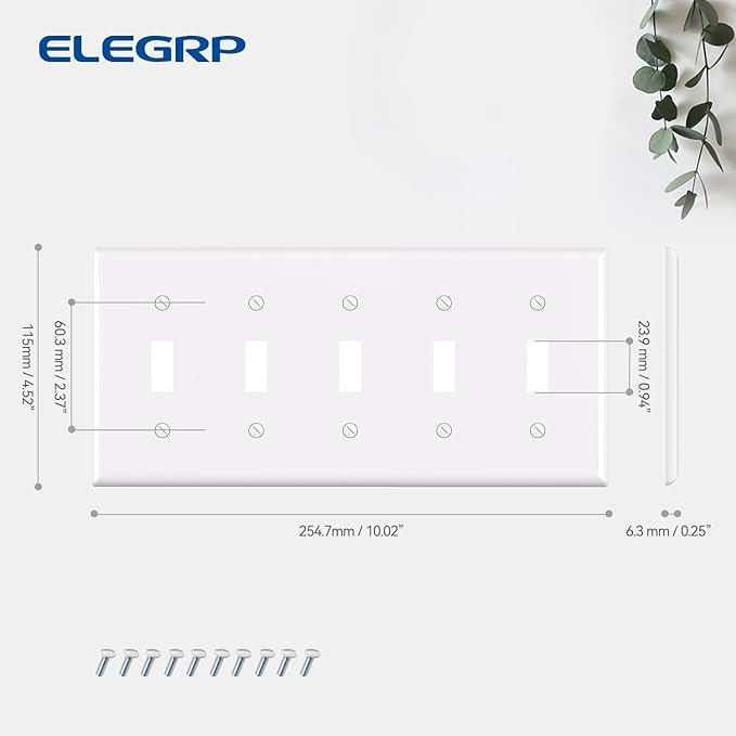 ELEGRP 5-Gang Toggle Switch Wall Plates, Standard Size 4.52" H x 10.03" L Unbreakable Thermoplastic Faceplate Cover for Toggle Dimmer Light Switches, UL Listed (1 Pack, Glossy White)