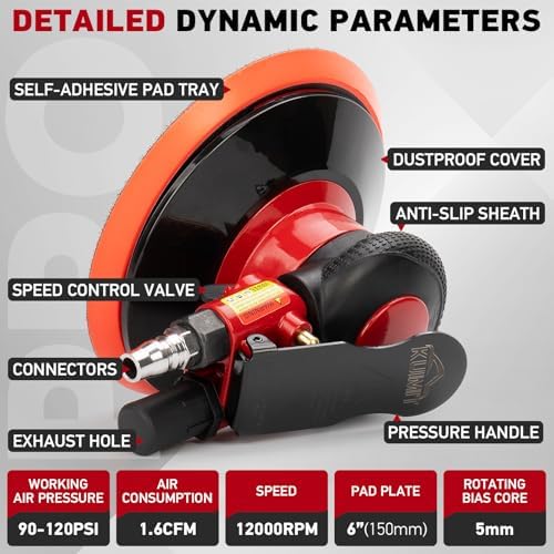 Professional 6" Dual Action Random Orbit Air Sander, Pneumatic Palm Sander, Low Vibration, Heavy Duty