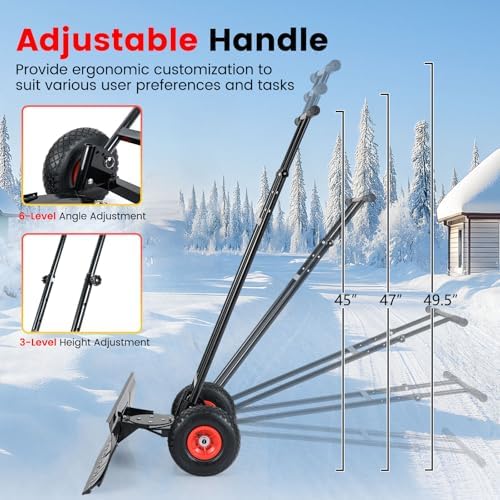 Goplus 36” Wide Snow Pusher, Heavy-Duty Metal Snow Shovel with Wheels