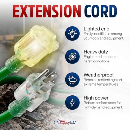 100ft Outdoor/Indoor Extension Cord 16/3 Gauge Heavy Duty 3 Prong SJTW, Waterproof, Flexible Cold-Resistant Long Power Cord,10A 125V 1250W, Green by LifeSupplyUSA