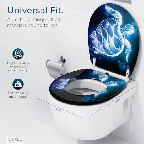 Sanilo Wooden Toilet Seat with Quick Release & Soft Close [ROUND] - Decorative & Slow Close Molded Wood Seat - With One Click for Easy Installation & Cleaning - With Adjustable Fit (Glow Turtle)