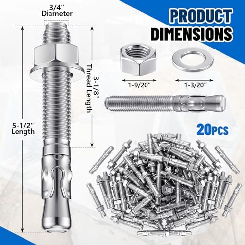 Moxweyeni 20 Pcs 3/4" X 5-1/2" Zinc Plated Wedge Anchors for Concrete