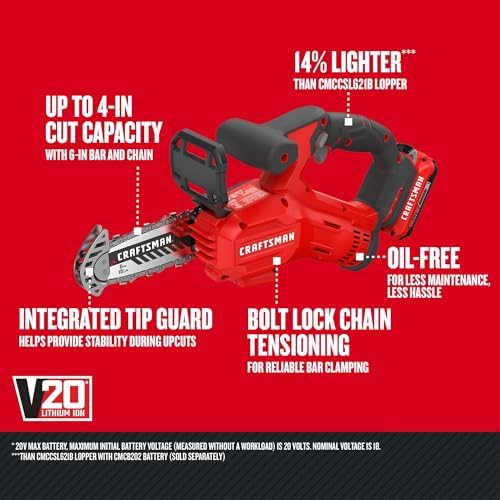 CRAFTSMAN V20 Mini Cordless Chainsaw, Pruning Saw, 6" Chain, Small Handheld Chainsaw, 2Ah Battery and Charger Included, Tree Trimming and Pruning, Compact and Lightweight (CMCCS320D1)
