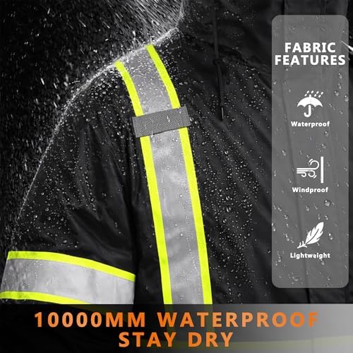 FATONE Hi Vis Rain Jacket for Men Lightweight Reflective Safety Rain Gear Waterproof with Hood, Class 3 Work Raincoat ANSI/ISEA Tested Black L/XL