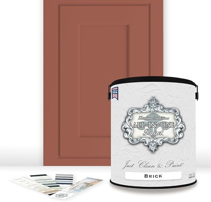 ALL-IN-ONE Paint by Heirloom Traditions, Brick (Burnt Cinnamon), Gallon - Durable cabinet and furniture paint. Built in primer and top coat, no sanding needed. Includes our 30 featured color card.