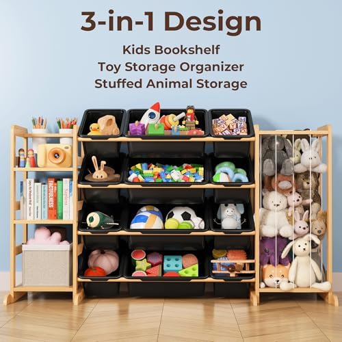 Toy Storage Organizer with Bookshelf and Stuffed Animal Storage - Kids Playroom Organization with 3 Shelves and 12 Toy Bins - Toddler Living Room Toy Box for Lego - Nursery Bedroom Decor Essential