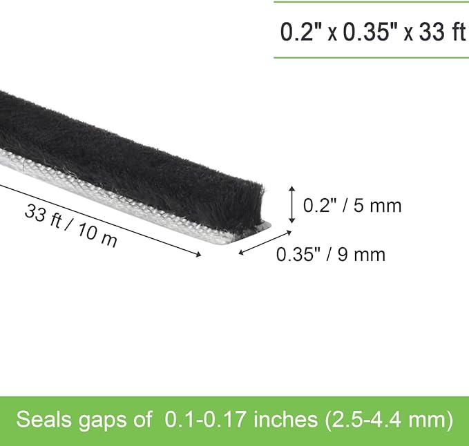 Self-Adhesive Weather Stripping Seal for Doors & Windows – Soundproof Insulation Gap Filler for Sliding, Exterior, Front, and Jamb Frames – 0.2" x 0.35" x 33 ft, Black
