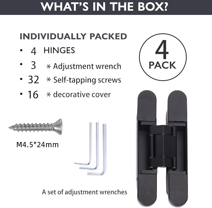 4-Pack 6 inch Hidden Door Hinges Heavy Duty Black, Invisible Concealed Hinges Zinc Alloy 6''x 2.5''x1Inch, Concealed Hinge 180 Degree Swing Hinge, 3 Way Adjustable with Pins and Screws