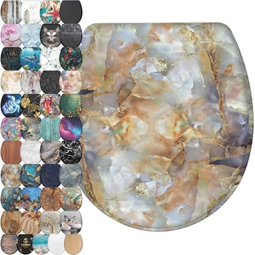 Sanilo Wooden Toilet Seat with Quick Release & Soft Close [ROUND] - Decorative & Slow Close Molded Wood Seat - With One Click for Easy Installation & Cleaning - With Adjustable Fit (Marble Brown)