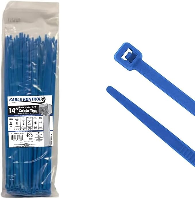 Kable Kontrol Cable Zip Ties, 14 Inch, 100 Pcs, 50lbs Test, Blue | Nylon Plastic, Self Locking, UL Listed, Indoor Use