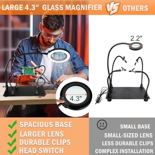 Soldering Helping Hands 12X Magnifying Glass with light and Stand PCB Holder, Drdefi Soldering Station Third Hand Tools Magnifier with Thickening Alligator Clip Large Magnetic Base for Repairing