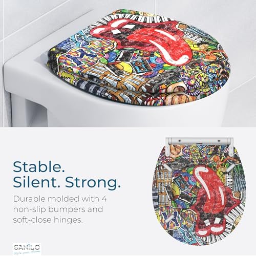 Sanilo Wooden Toilet Seat with Quick Release & Soft Close [ROUND] - Decorative & Slow Close Molded Wood Seat - With One Click for Easy Installation & Cleaning - With Adjustable Fit (Graffiti)
