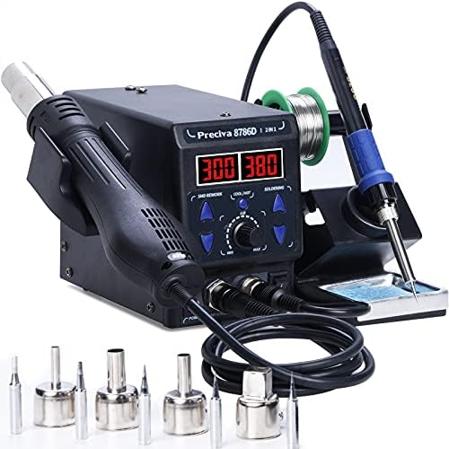 Preciva 8786D 2-IN-1 Hot Air Soldering Iron Station Kit with °F /°C, Cool/Hot Air Conversion,Soldering Station with Dual LED Display, 5 Tips & 4 Nozzles for Electronics Repair,Desoldering