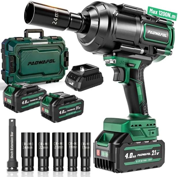 2026 New Upgrade 900ft-lbs(1200N.m) Impact Wrench, High Torque 1/2 Impact Gun with 21V 2x4.0AH Battery, Fast Charger & 5 Sockets, 3500IPM Brushless Impact Driver for Home Car Truck Tires
