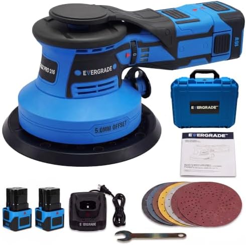 EVERGRADE Cordless Professional DA Random Orbital Sander, AWARD WINNING BRAND, Pneumatic-Performance, 16V Brushless Palm Sander, 3/16" (5.0 mm) Offset for Wood, Auto Body, Paint Prep (EVK-316K)