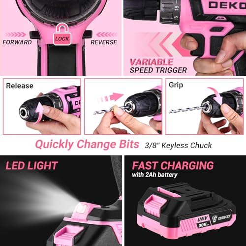 Pink Power Drill Tool Kit Set: 20V Cordless Electric Drill, Driver, Tool Box with Battery