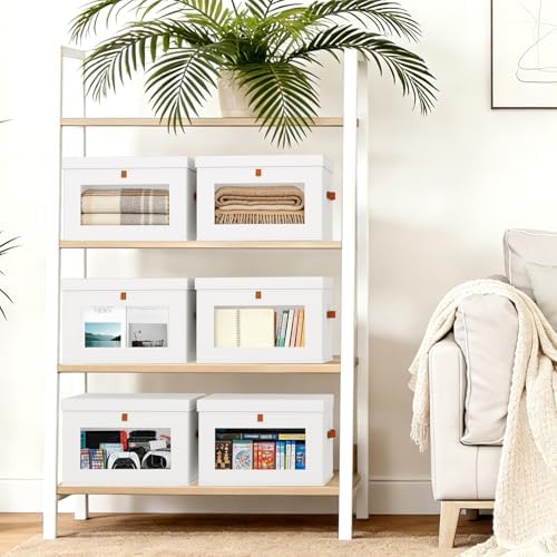 DIMJ Storage Bins with Lids - 5 Pack Large Fabric Closet Organizer with Window & Handles, Collapsible Decorative Storage Boxes for Shelves Under Bed, Books Clothes Blankets Sweaters Organization
