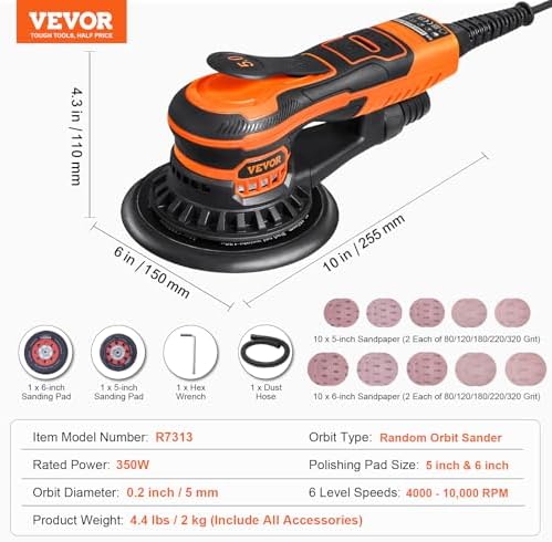 VEVOR Random Orbital Sander 5 & 6-Inch, 350W Brushless Orbital Sander, 10,000 PRM 6 Variable Speed Electric Palm Sander with 20PCS Sandpapers, Dust Connector & Hose for Woodworking Detailing Sanding
