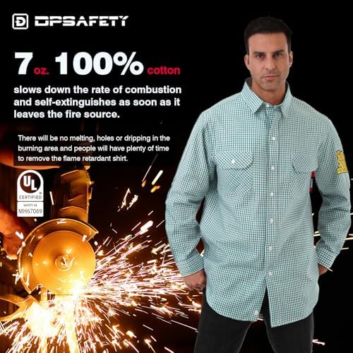 FR Shirts for Men 7oz Fire Resistant Shirts CAT2 Welding Shirt 100% Cotton Flame Resistant Shirt Greens/Plaid(X-Large)