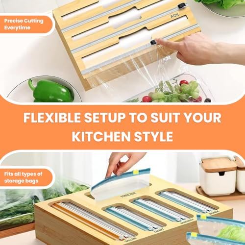 Storage Bag Organizer for Kitchen Drawer, Foil and Plastic Wrap with Cutter, Organizers Compatible Gallon, Quart, Sandwich Snack Size 9 in 1