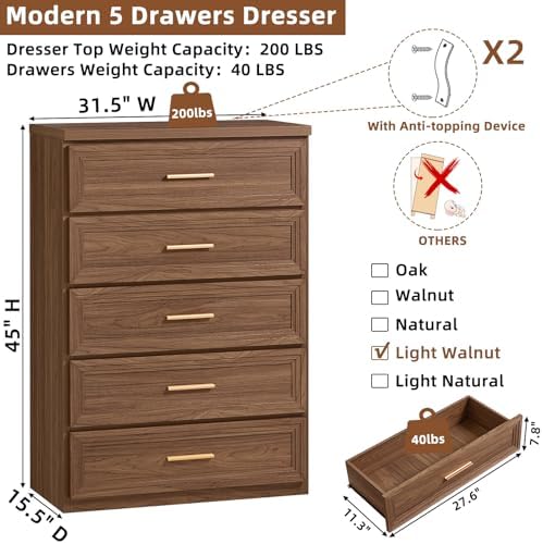 RWYHG Dresser Set for Bedroom with 5 Drawers 45" Tall