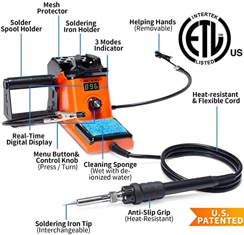 YIHUA 926 III 60W LED Display Soldering Iron Station Kit w 2 Helping Hands, 6 Extra Iron Tips, Roll of Lead-Free Solder, Solder Sucker, S/S Tweezers, °C/ºF Conversion, Auto Sleep & Calibration Support