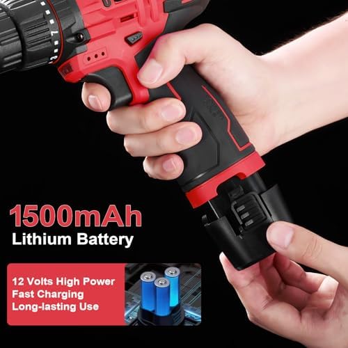 12V Cordless Drill Tool Set, 25+1 Torque Setting, Red Tool Kit for Home