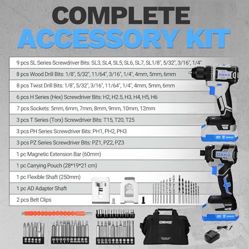 Cordless Drill & Impact Driver: DEKOPRO 20V Brushless Power Drill and 20V Brushless Impact Driver Set, Power Tool Set with 2 x 2.0Ah Batteries, Charger, Bag& 52 x Accessories-Blue