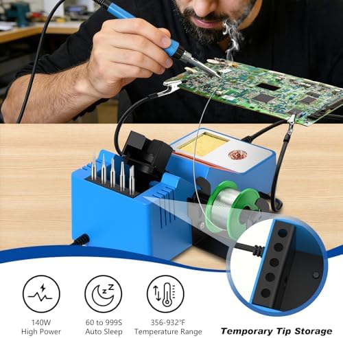 Soldering Station, 140W Digital Display Soldering Iron Station Kit with 2 Helping Hands, 356°F-932°F, Auto Sleep, °C/°F Conversion, Solder Wire, 5 Tips, Solder Sucker, Tweezers, Tip Cleaner, Blue