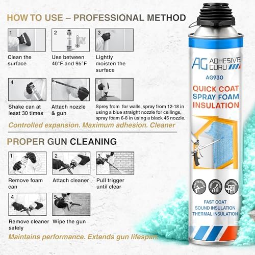 QuickCoat Closed Cell Spray Foam Insulation Kit for Wall–36x32.8oz(930g) Covers 720 Board Ft–DIY Expanding Sealant Set, Insulates Heat&Sound, Fills Gaps&Cracks–36 Foam Cans, Cleaner, Gun&Safety Gear