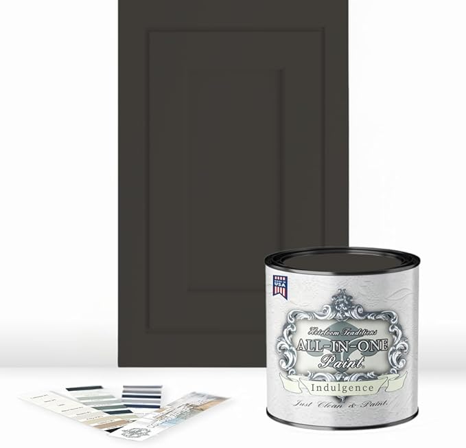 ALL-IN-ONE Paint by Heirloom Traditions, Indulgence (Warm Pewter), Quart - Durable cabinet and furniture paint. Built in primer and top coat, no sanding needed. Includes our 30 featured color card.