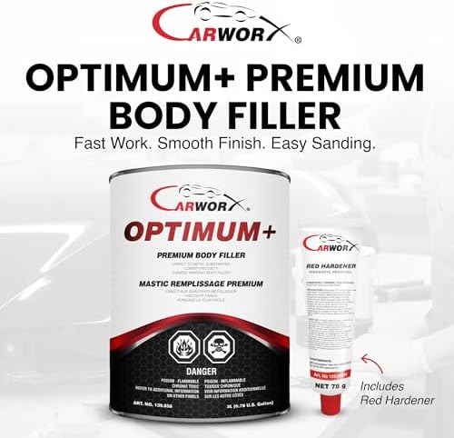 Optimum+ Premium Body Filler with BPO Hardener - Large Area Plastic Body Filler, All-in-One Fill and Finish, Pinhole-Free, Fast Sanding, 3L Grey