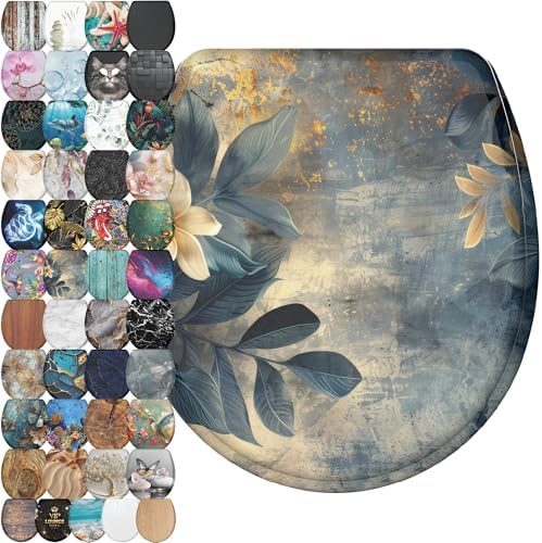 Sanilo Wooden Toilet Seat with Quick Release & Soft Close [ROUND] - Decorative & Slow Close Molded Wood Seat - With One Click for Easy Installation & Cleaning - With Adjustable Fit (Lilybud)