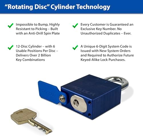 PACLOCK's 2-Series Padlock, High Security Rotating Disc, 5/16" Diameter Hard. Stainless Steel Shackle, 5" Tall, Exclusive Key Number, Keyed Differently w/ 1 Key, Blue