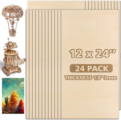 Adrattnay Basswood Sheets 3mm - 1/8 x 12 x 24inch, 24pcs Square Laser Basswood Plywood for Laser Cutting & Engraving DIY Crafts, Wood Burning, Painting, Architectural Model Building