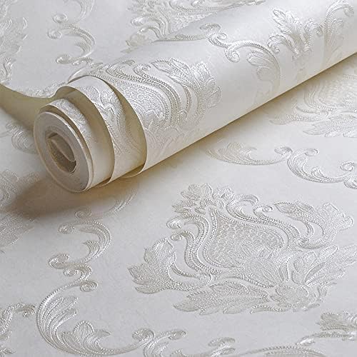 AMINAH DECO Cream White Damask Decorative Textured Floral Wallpaper Non-Woven Wall Paper Home Decoration,20.8 in X 393.00 in [ Not Peel and Stick ]