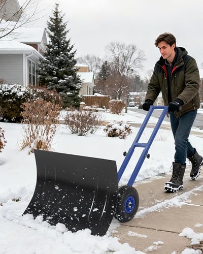 GarveeTech 29x19.8 in Rolling Snow Shovel on Wheels, Metal Snow Pusher