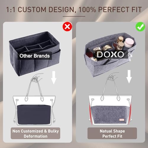 Doxo Purse Organizer Insert for Handbags & Base Shaper 2pc Set, Felt Neverfull MM Organizer Insert, Tote Bag Organizer with Zipper Pocket and Bottle Holder, Fit Speedy 30 Neverfull MM and More,Gray-L