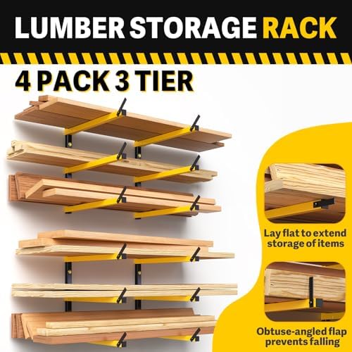 GREENER Lumber Storage Rack Folding Wood Storage Racks Wall-Mounted Metal Racks for Storage with 3-Level Heavy Duty Garage Wood Organizer for Woodworking Shop Indoor & Outdoor Use, 4 pairs,Yellow