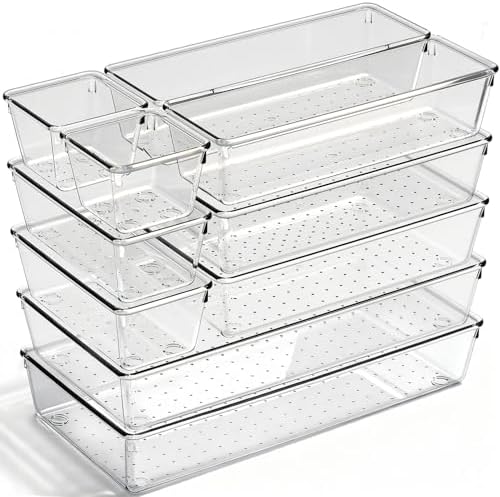 10 Pack Clear Drawer Organizer, 5 Sizes, Non-Slip Storage Trays